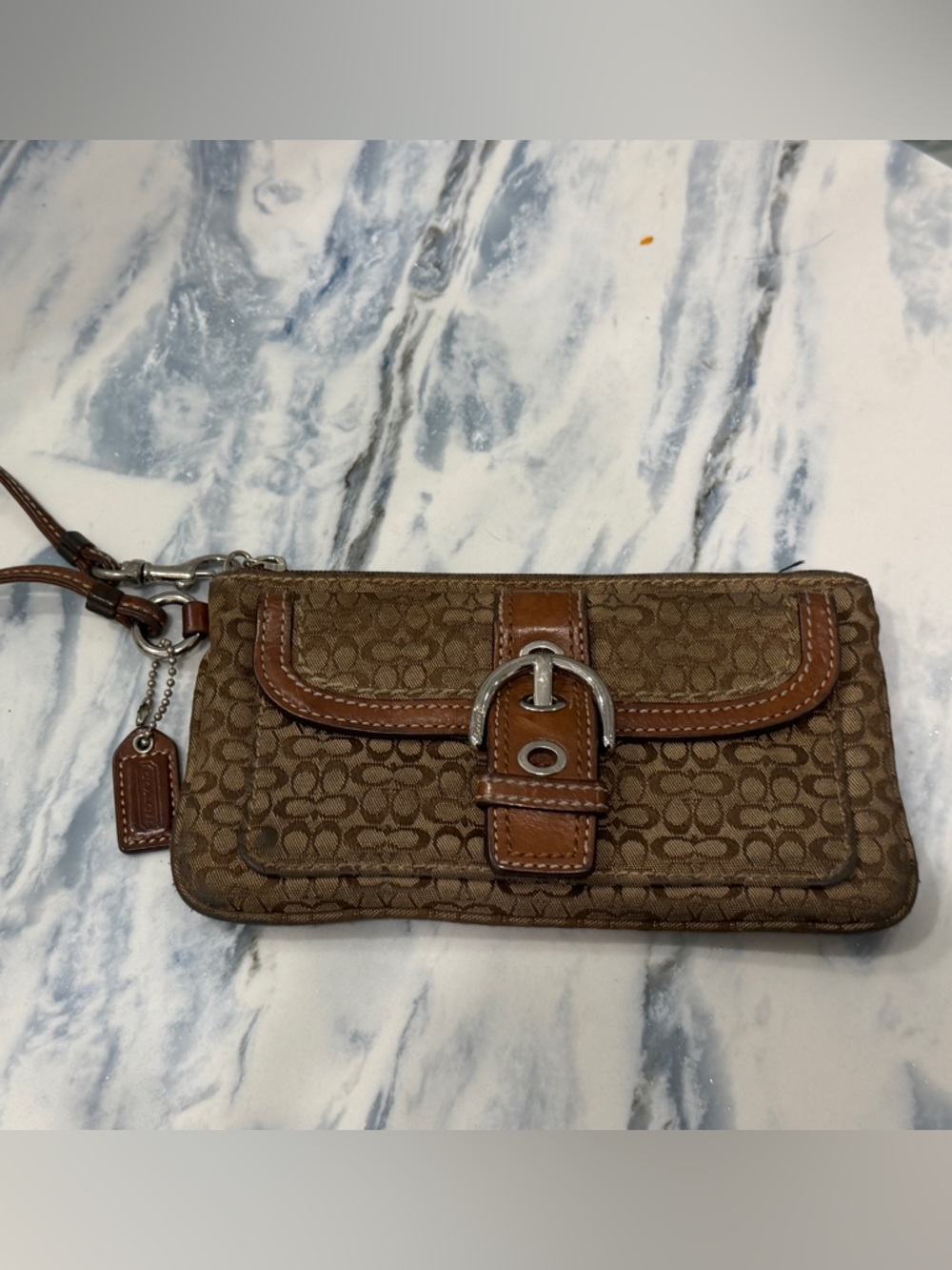 Coach Brown Signature Canvas Wristlet Phone Case with Tan Leather Trim